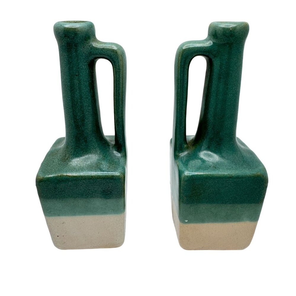 Vintage Zanesville Stoneware Pottery White/Green Pitcher Bottle Vase 6.25" Tall
